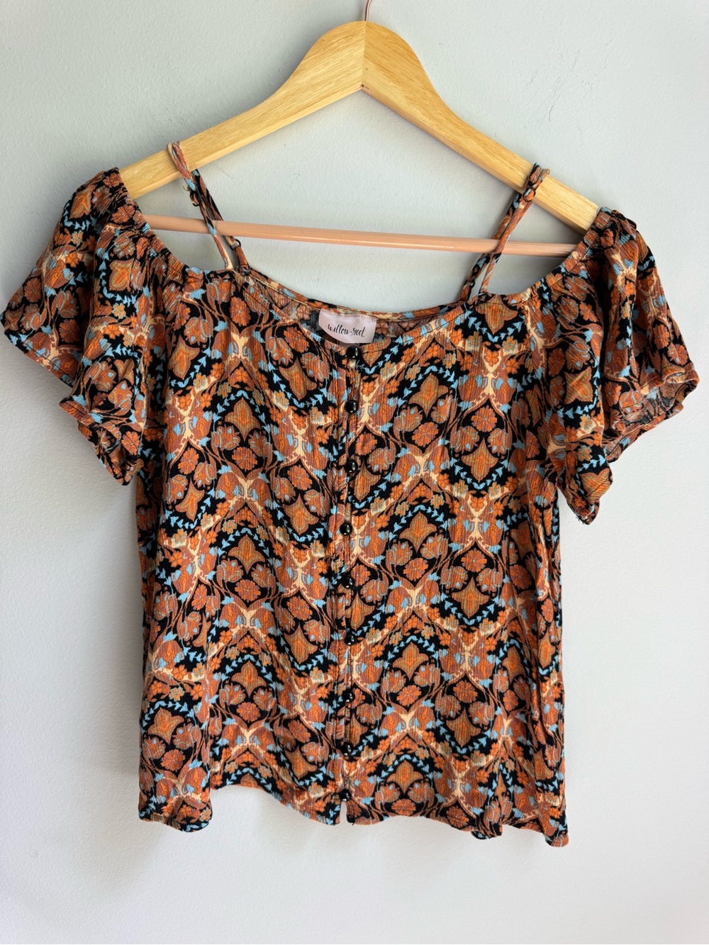 WILLOW & ROOT EUC Rust Floral Off-Shoulder Button Front with Straps boho y2k